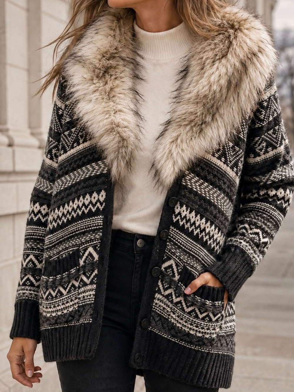 Juicy Couture Faux Fur Collar Fair Isle Cardigan Sweater Cozy Winter M